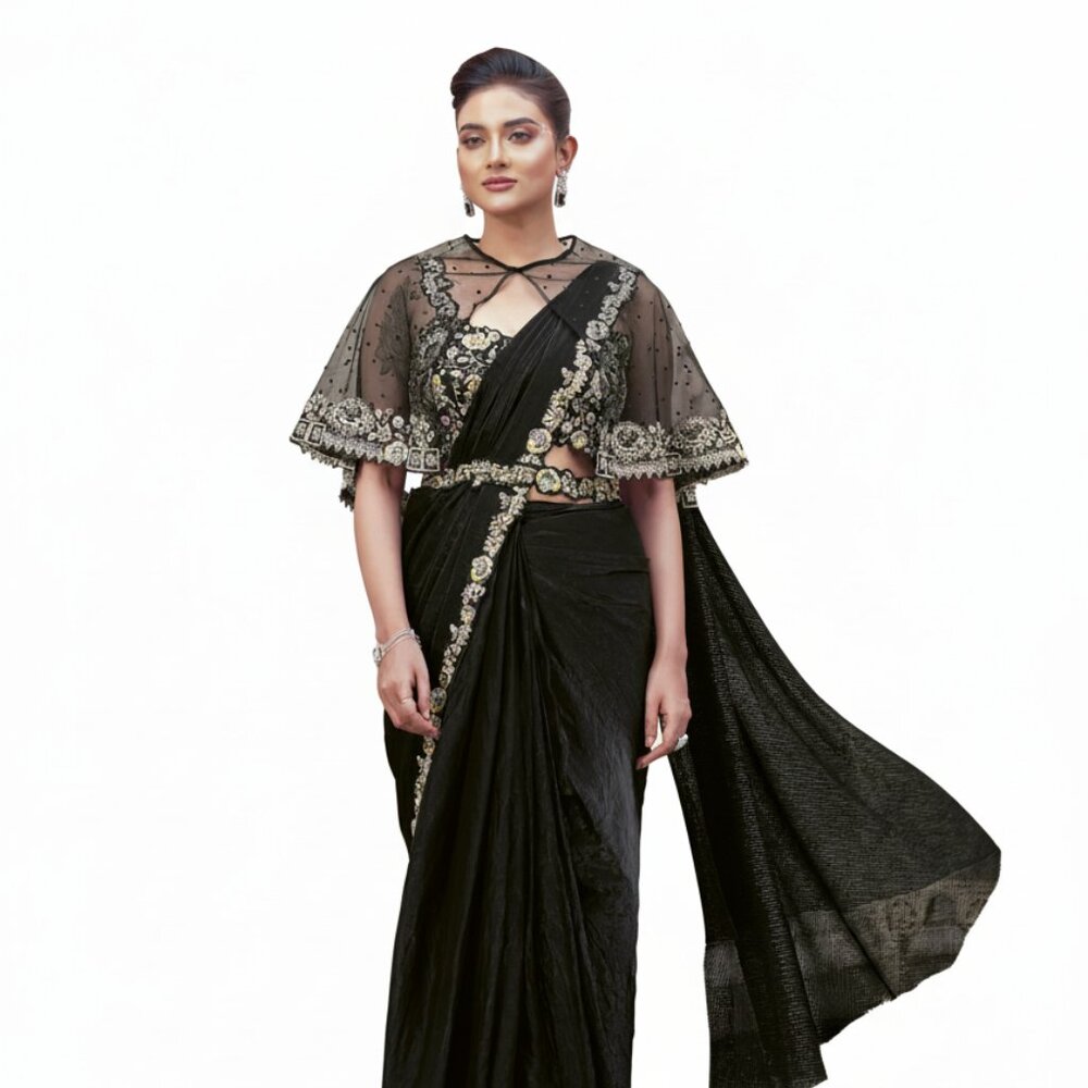 Elegant Satin Silk Designer Black Saree with Sequins and Pearl Work